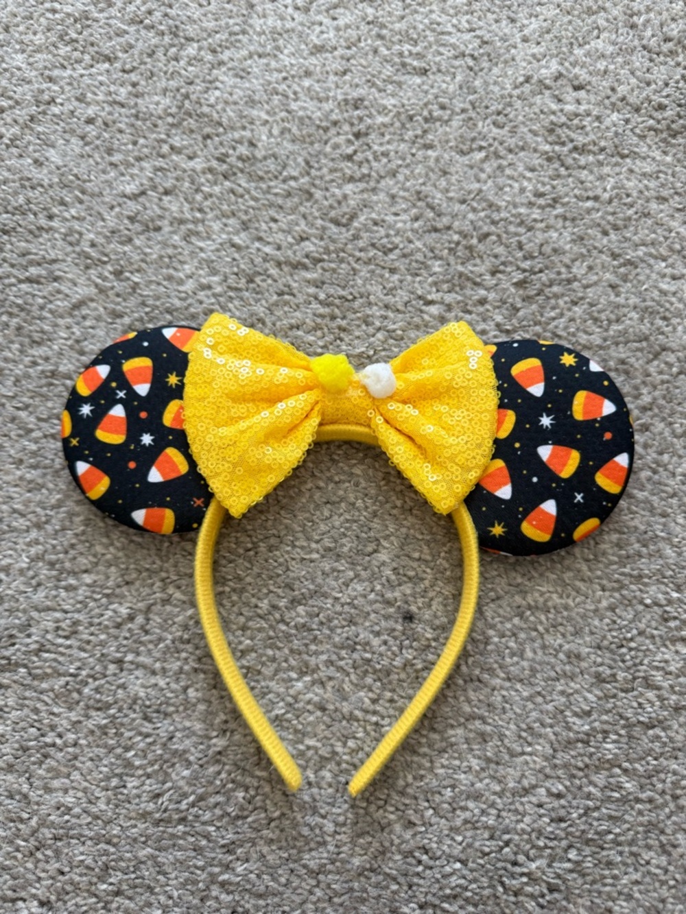 Disney Yellow Sequin Bow Minnie Ear Headband with Candy Corn Print